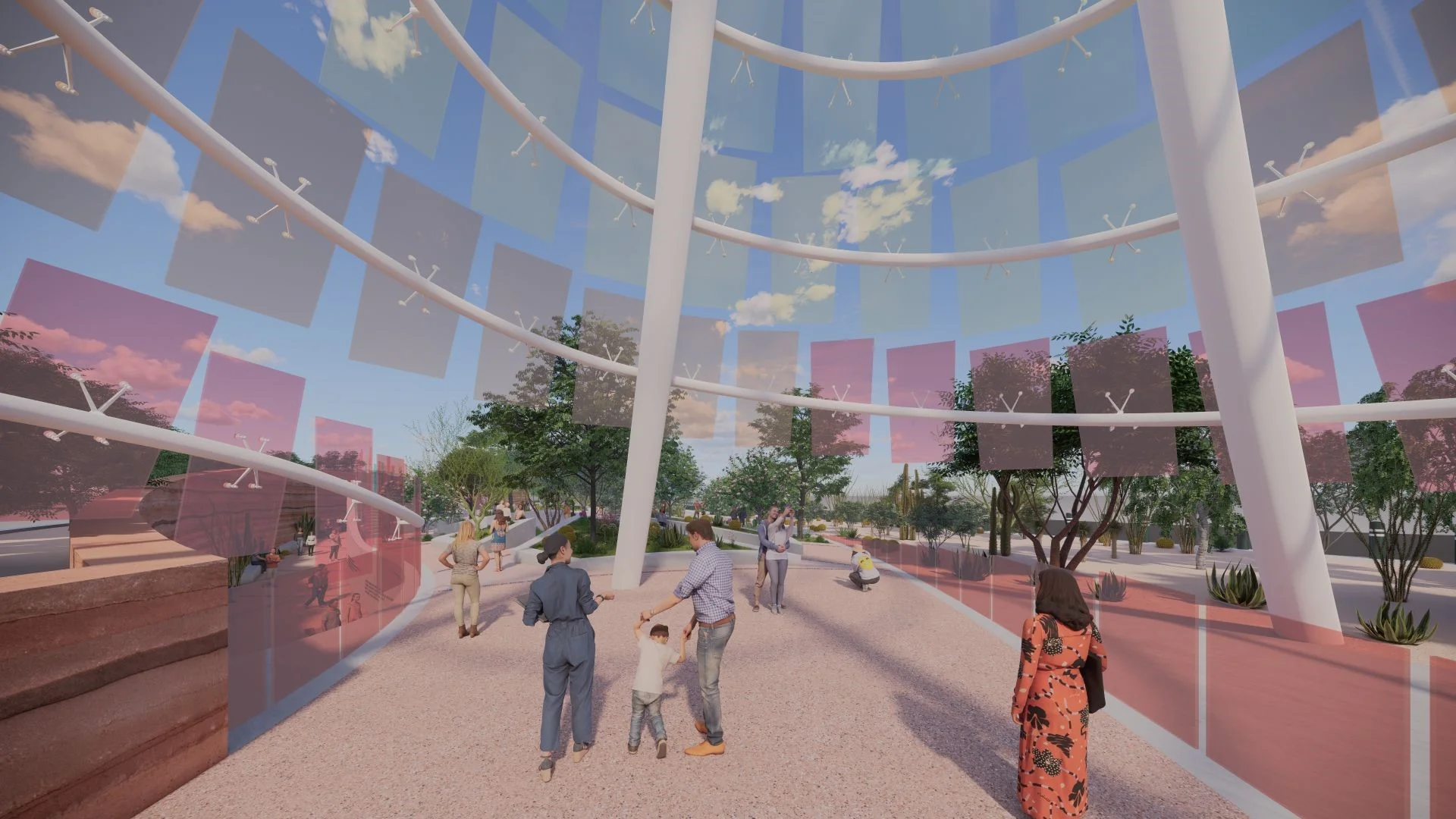 Design rendering of a shaded walkway at the Forever One Memorial with families walking beneath a canopy of colored panels